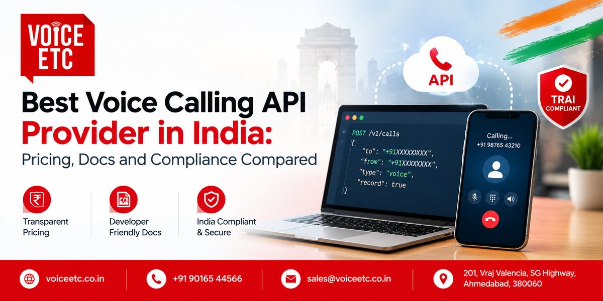 Best Voice Calling API Provider in India – Voice ETC API pricing, developer documentation, and compliance features with laptop and smartphone visuals.