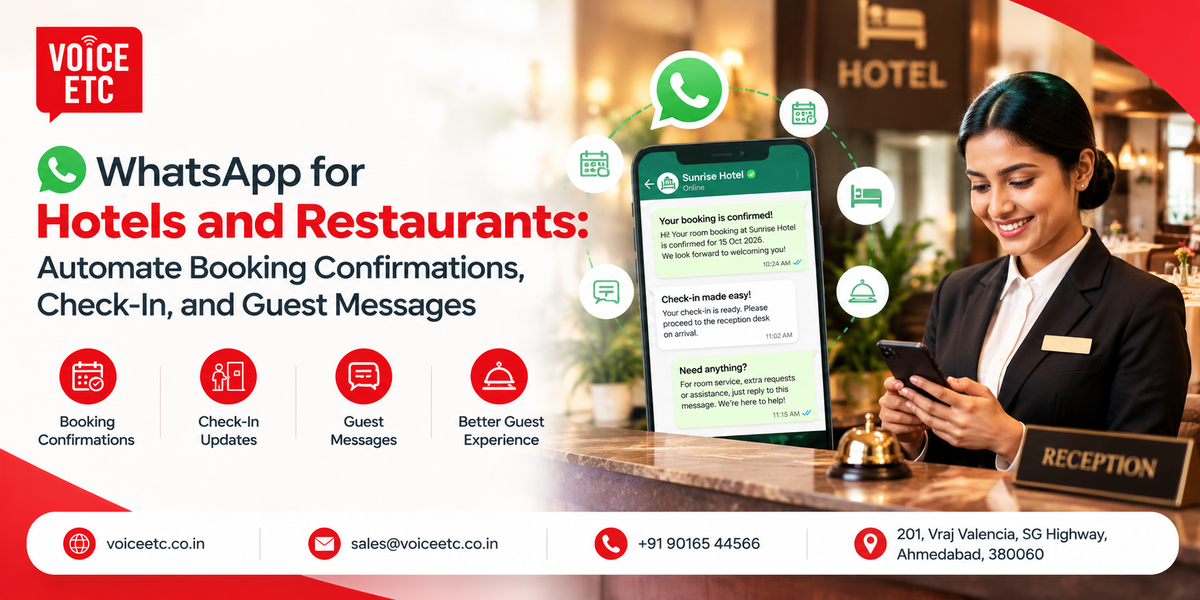 WhatsApp automation for hotels and restaurants by Voice ETC, featuring automated booking confirmations, check-in updates, and guest messaging.